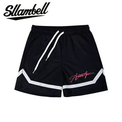 SLLAMBELL Men's American Basketball Speed Dry Shorts, Color blocked Weaving Belt, Over the Knee Pentagram Pants, Fitness