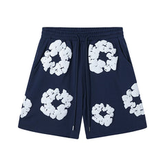 Denim Tears Cotton Wreath Graphic Shorts - Navy Blue / Relaxed Streetwear Fit