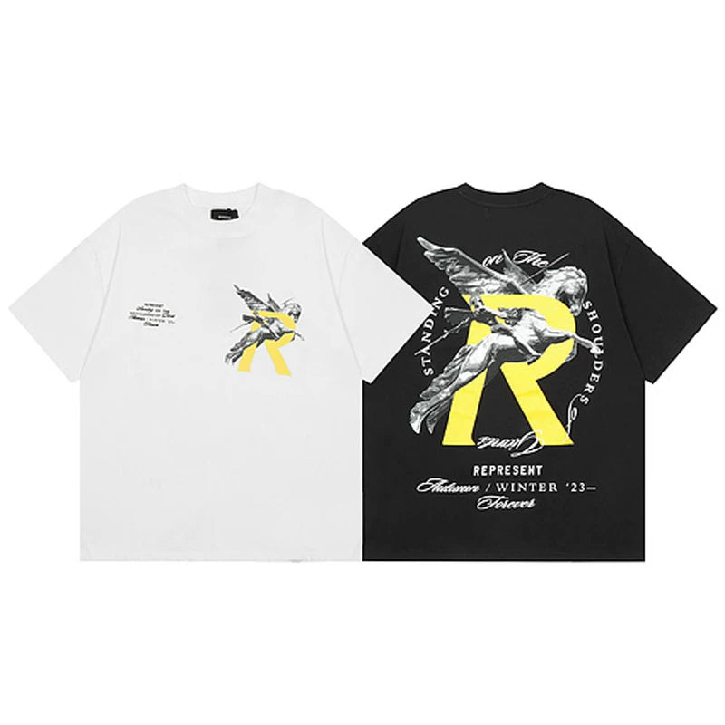 Representative Knight Pegasus R letter short sleeved American high street casual summer cotton loose men's and women's T-shirt trend