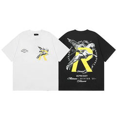 Representative Knight Pegasus R letter short sleeved American high street casual summer cotton loose men's and women's T-shirt trend