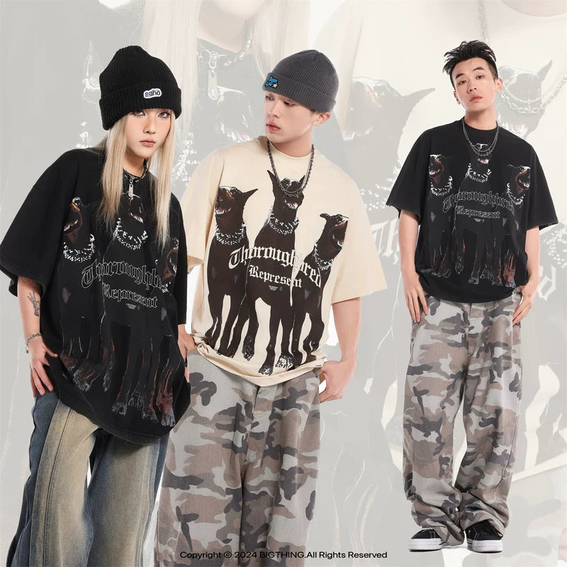 REPRESENT: A niche fashion brand, Vintage Doberman, shark distressed washed T-shirt, fog high street men's and women's short sleeved shirt