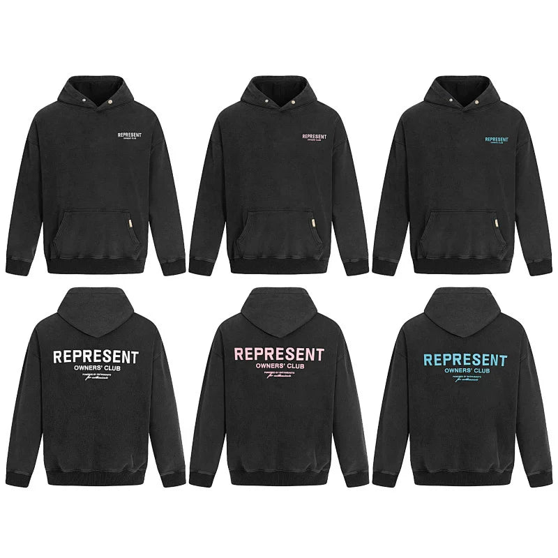 REPRESENT Slogan Letter American Washed Outdated Hoodie Trendy Brand Hip Hop Loose Casual Couple Style