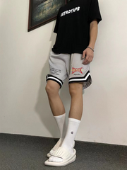 American basketball shorts, quick drying mesh, knee length training pants, striped letters, trendy brand, sports, fitness, running