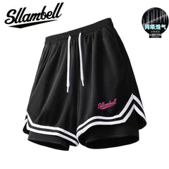 American basketball shorts lined with fake two pieces of three-point ice silk, quick drying that can't reach the knee, running, fitness training, sports, men's summer