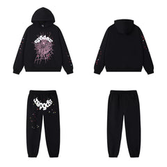 SP5DER Web Graphic Pullover Hoodie and Sweatpants Matching Set - Black / Pink