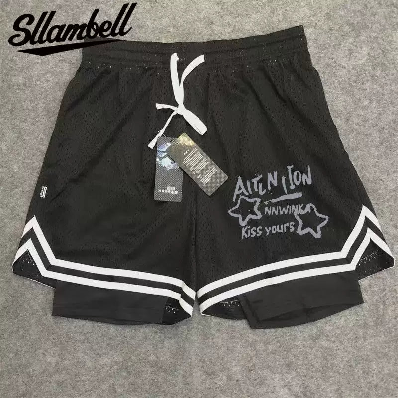 New American trendy high street basketball star print men's summer vacation two shorts loose training sports pants