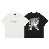 Representative floral R letter short sleeved American high street casual summer cotton loose fitting couple T-shirt trend