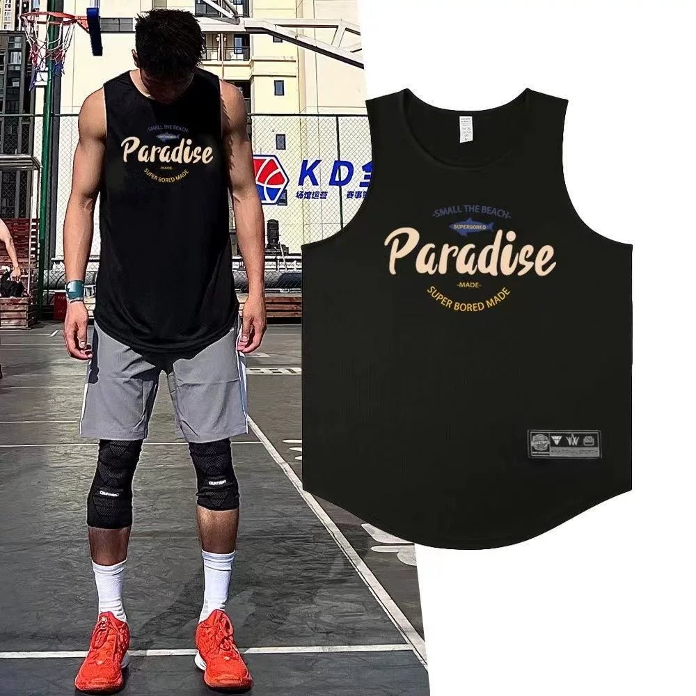 American summer men's new minimalist mesh breathable loose sports vest casual shoulder sleeveless T-shirt pitching suit