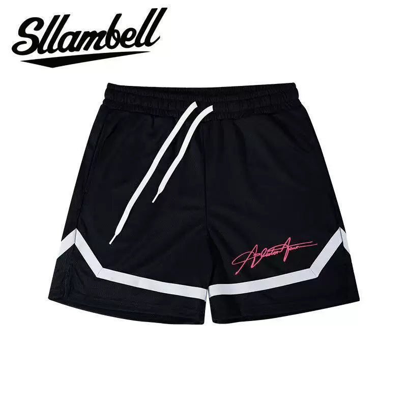 SLLAMBELL Men's American Basketball Speed Dry Shorts, Color blocked Weaving Belt, Over the Knee Pentagram Pants, Fitness