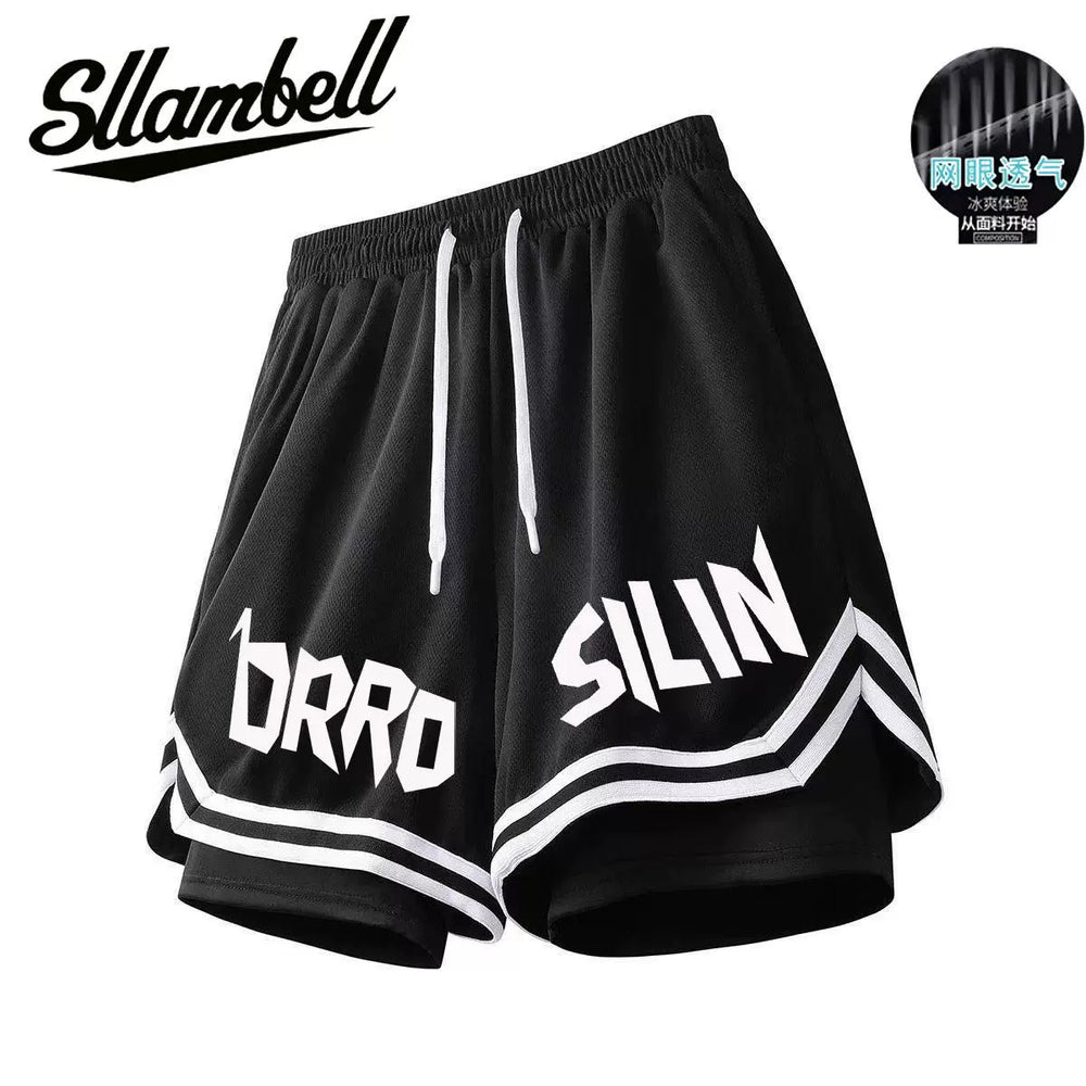 American basketball shorts lined with fake two pieces of three-point ice silk, quick drying that can't reach the knee, running, fitness training, sports, men's summer