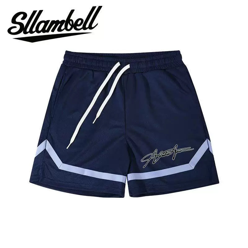 SLLAMBELL Men's American Basketball Speed Dry Shorts, Color blocked Weaving Belt, Over the Knee Pentagram Pants, Fitness