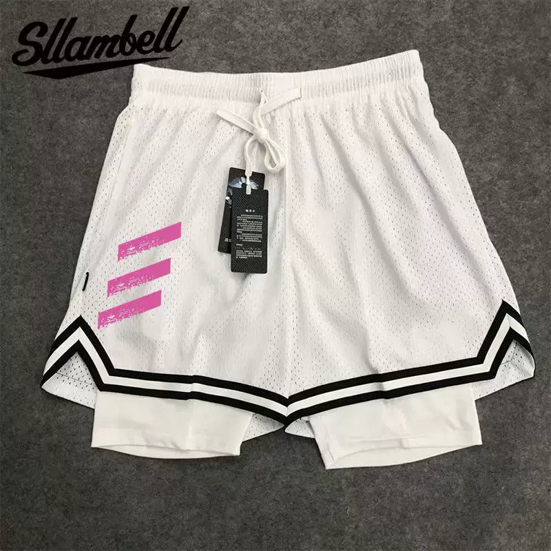 New American style trendy high street basketball three bar printed men's fake two piece shorts loose training sports pants summer