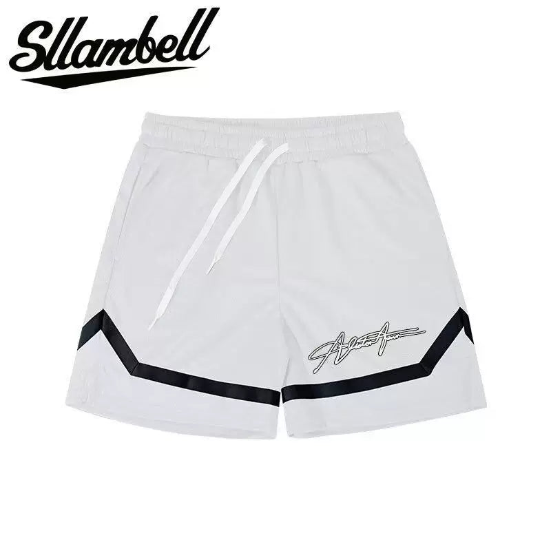 SLLAMBELL Men's American Basketball Speed Dry Shorts, Color blocked Weaving Belt, Over the Knee Pentagram Pants, Fitness