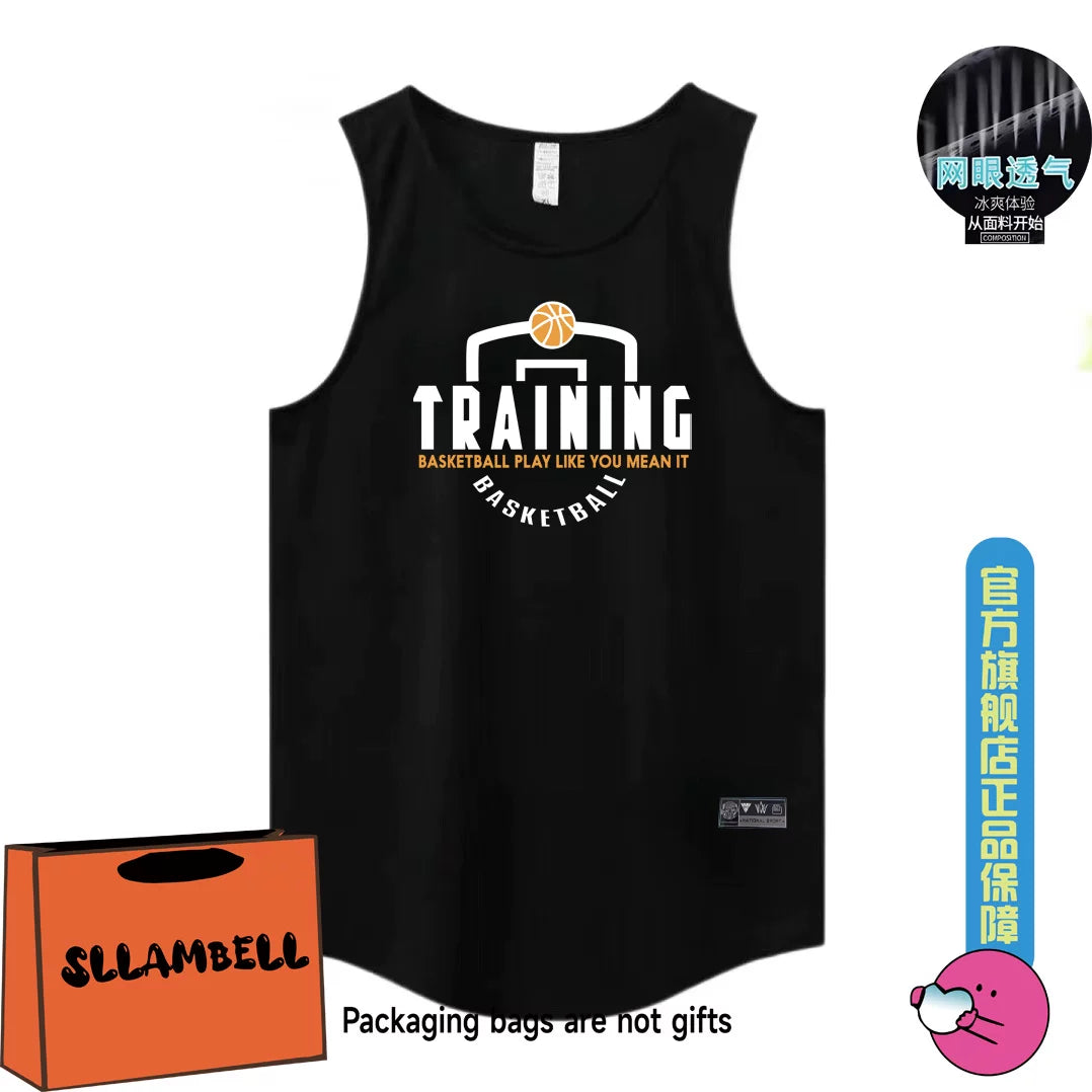 New quick drying vest for men in summer, breathable, sweat absorbing, casual ice silk sleeveless T-shirt, fitness pitching suit, letter camisole