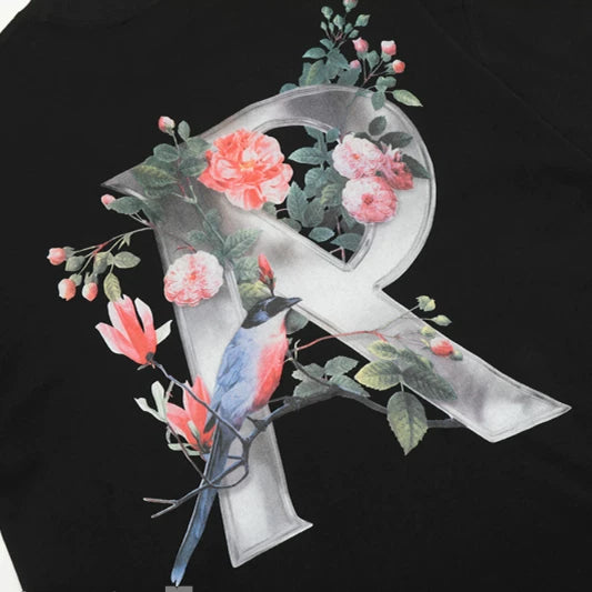 Representative floral R letter short sleeved American high street casual summer cotton loose fitting couple T-shirt trend