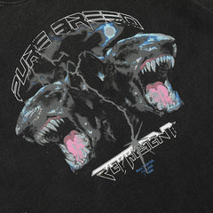 Representative Double Headed Dog Lightning Bull Terrier Washed and Used Short sleeved American High Street Loose Men's and Women's T-shirt Trendy