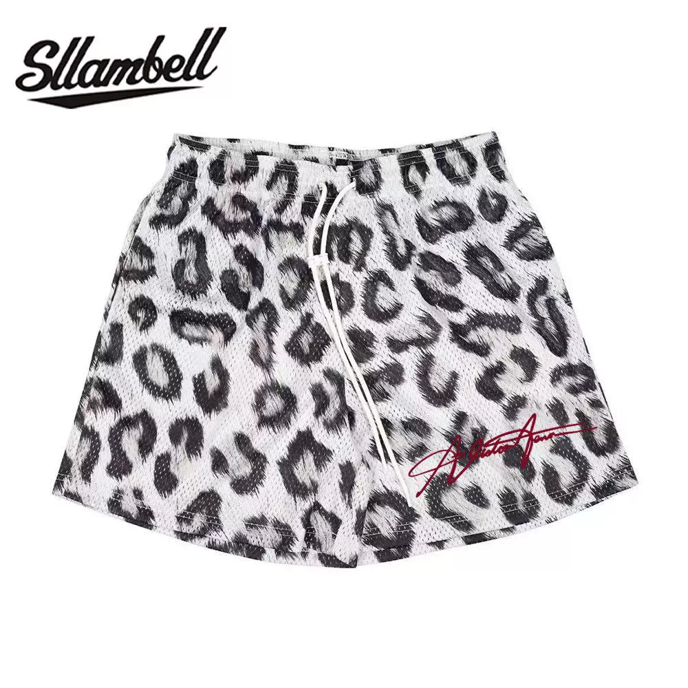SLLAMBELL new animal leopard print shorts men's sports pants basketball American mesh quarter pants loose and trendy