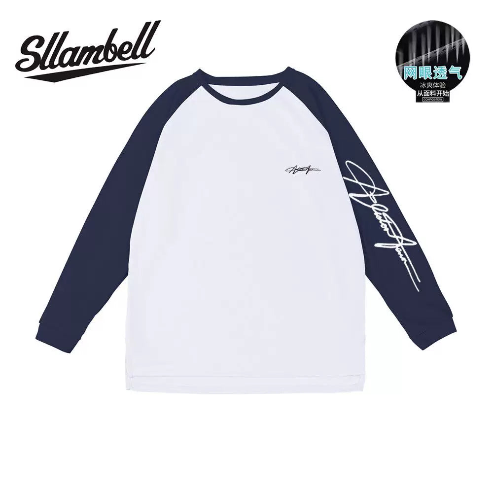 SLLAMBELL basketball quick drying long sleeved mesh sports t-shirt men's American English hip-hop street shooting suit patchwork