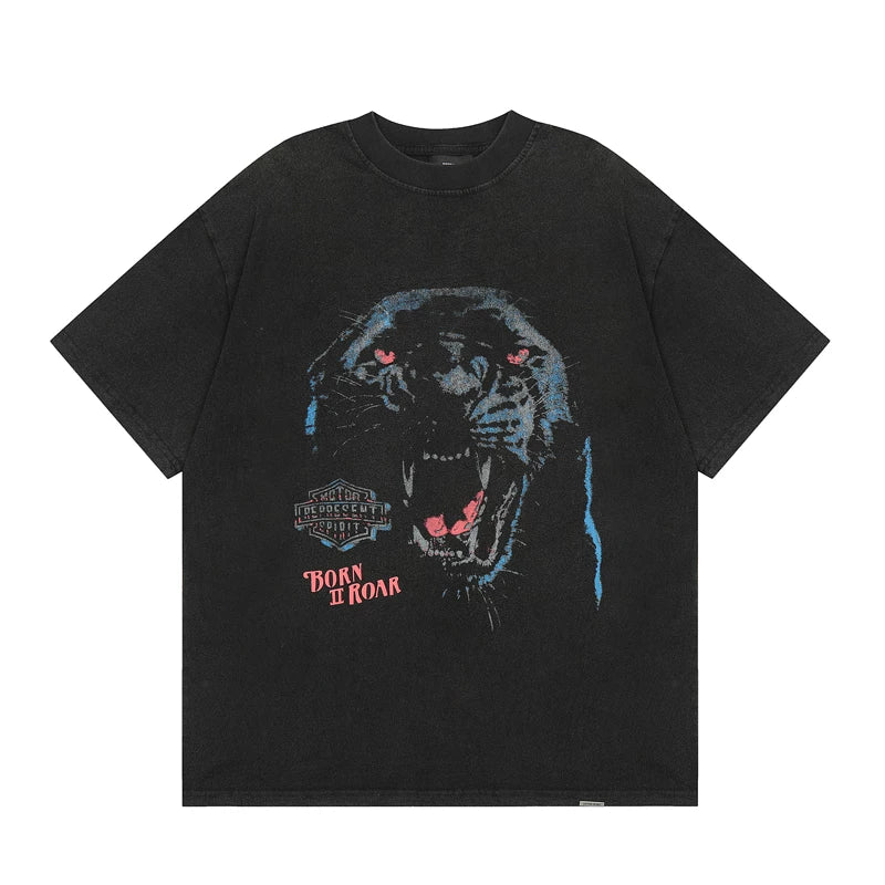 Representative tiger avatar washed and worn short sleeved American high street casual summer cotton loose fitting men's and women's T-shirt