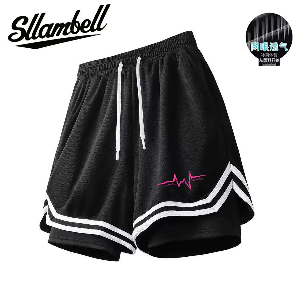 American basketball shorts lined fake two-piece three-point ice silk quick-drying knee-length running fitness training sports men summer
