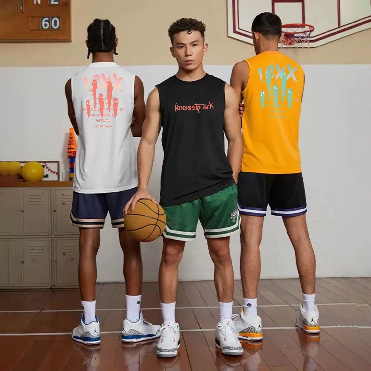 Fun letter printed fitness vest for men and women, summer loose sleeveless T-shirt, sports training clothes, running speed drying