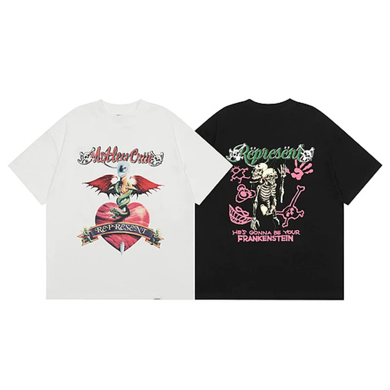 Representative Love Skull Direct Spray VTG Short Sleeve American High Street Casual Summer Cotton Loose Men's and Women's T-shirt