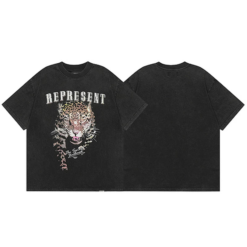 Representative leopard head print washed and worn short sleeved American high street casual summer cotton loose fitting men's and women's T-shirt