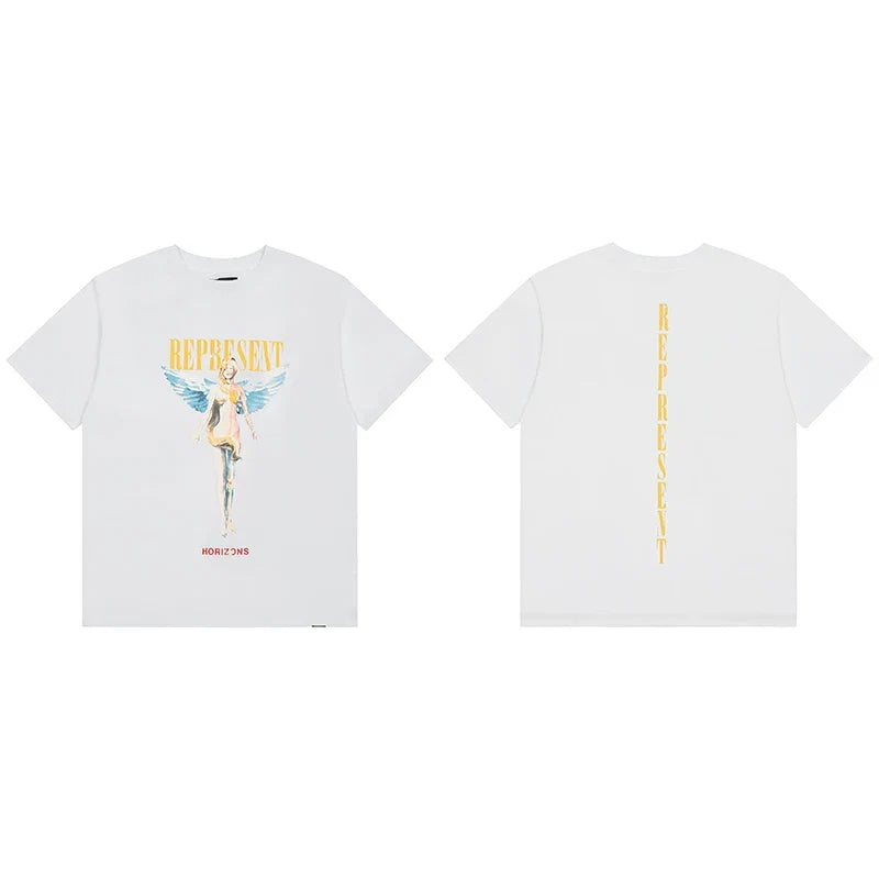 Represent Angel Figurine & Vertical Logo Graphic T-Shirt - White
