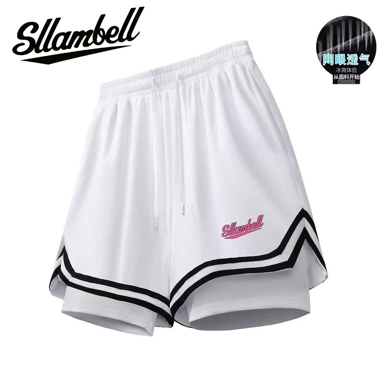 American basketball shorts lined with fake two pieces of three-point ice silk, quick drying that can't reach the knee, running, fitness training, sports, men's summer