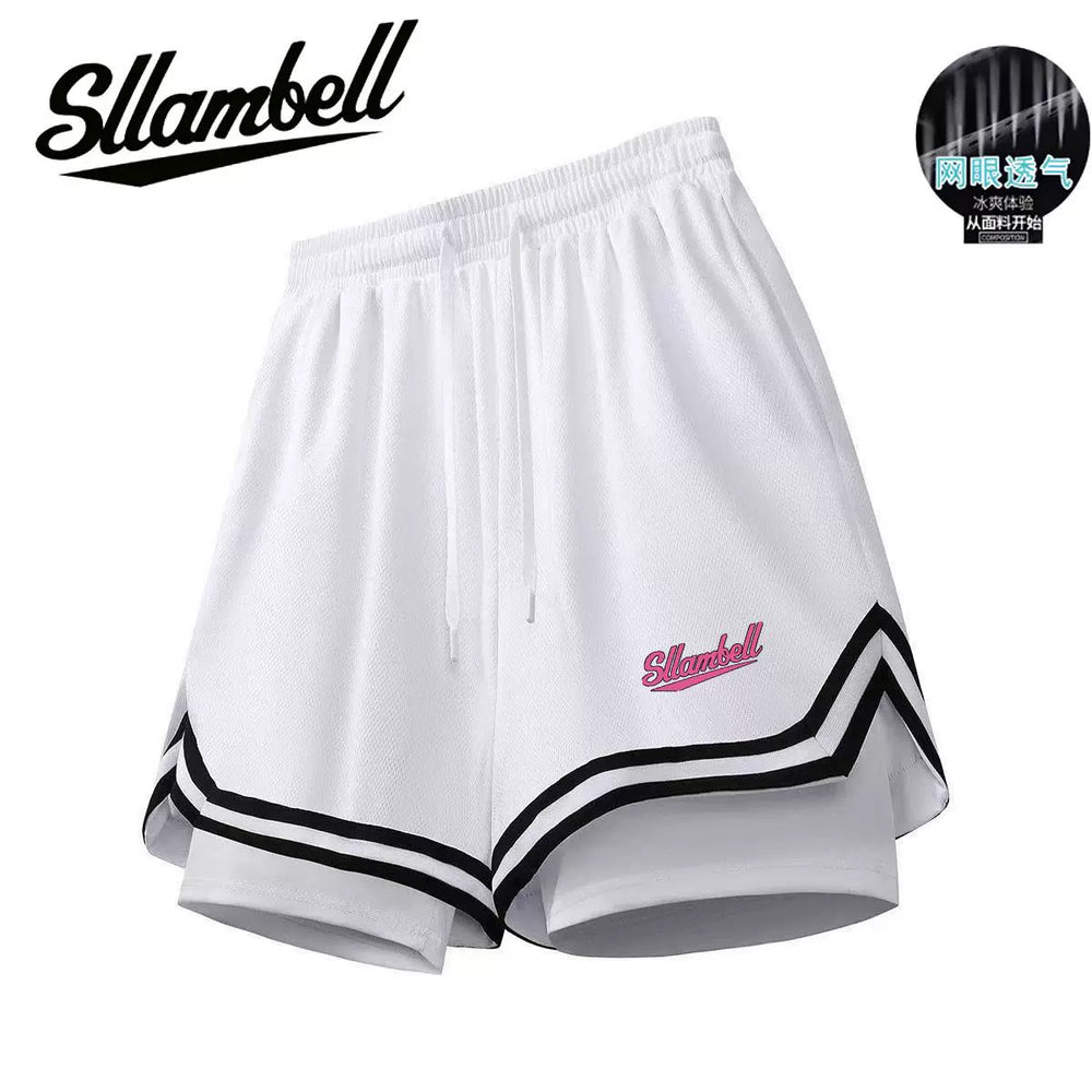 American basketball shorts lined with fake two pieces of three-point ice silk, quick drying that can't reach the knee, running, fitness training, sports, men's summer