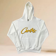 Corteiz Yellow Script Logo Heavyweight Hoodie white
