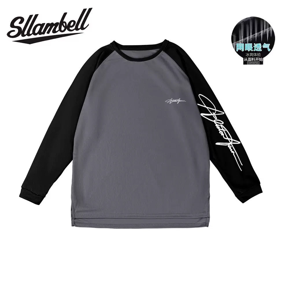 SLLAMBELL basketball quick drying long sleeved mesh sports t-shirt men's American English hip-hop street shooting suit patchwork