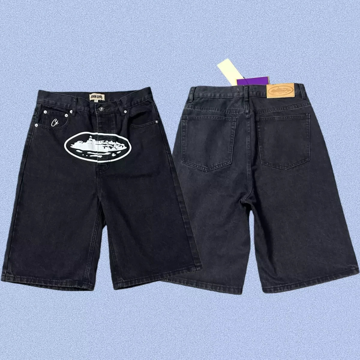 Corteiz Alcatraz Island Front Logo Heavyweight Denim Shorts - Black