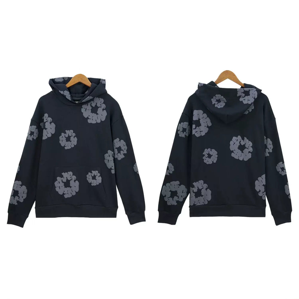 "Denim Tears" Dark Navy/Grey Floral Pattern Full-Zip Hoodie