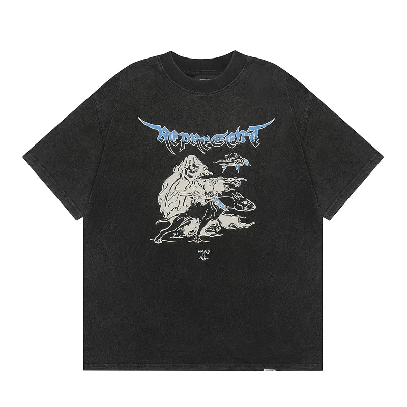 Representative Skeleton Reaper Short Sleeve American High Street Washed Outdated Casual Summer Cotton Loose Men's and Women's T-shirts
