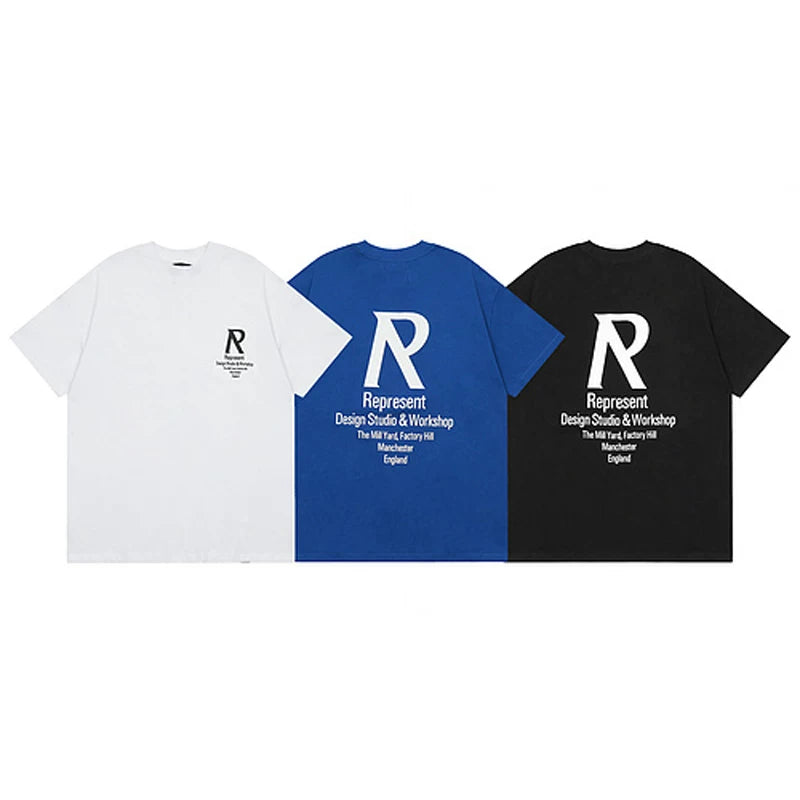 Representative slogan R letter MAN short sleeved American high street casual summer pure cotton loose trendy brand couple T-shirt