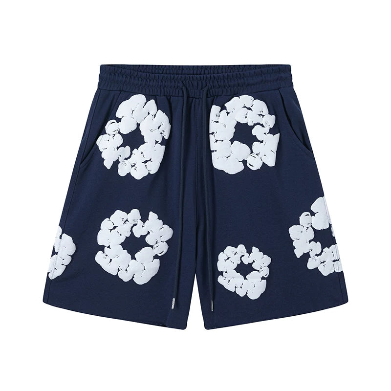 Denim Tears Cotton Wreath Graphic Shorts - Navy Blue / Relaxed Streetwear Fit