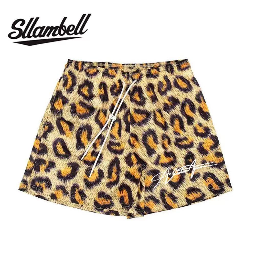 SLLAMBELL new animal leopard print shorts men's sports pants basketball American mesh quarter pants loose and trendy