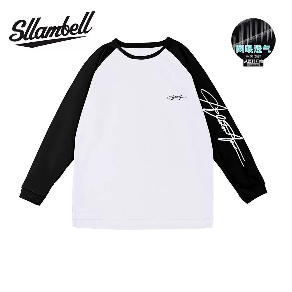 SLLAMBELL basketball quick drying long sleeved mesh sports t-shirt men's American English hip-hop street shooting suit patchwork