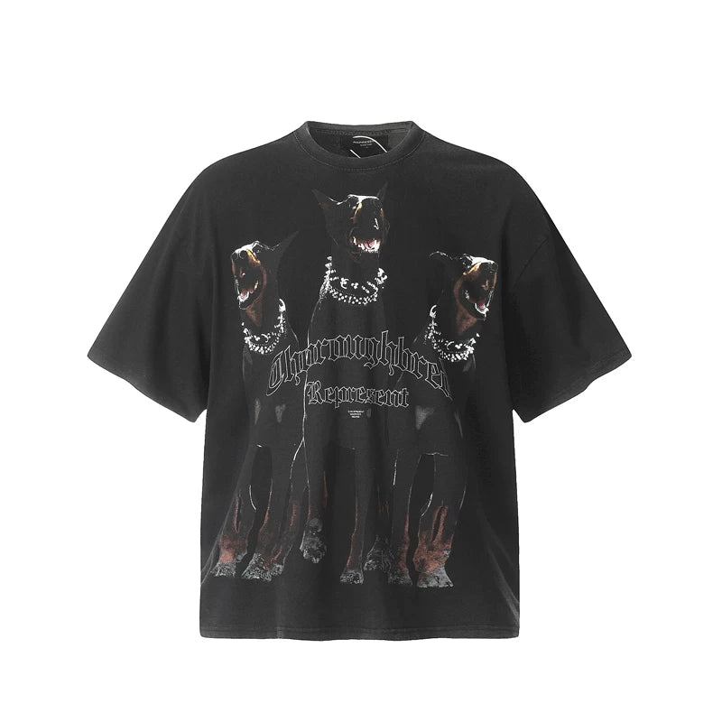 REPRESENT: A niche fashion brand, Vintage Doberman, shark distressed washed T-shirt, fog high street men's and women's short sleeved shirt