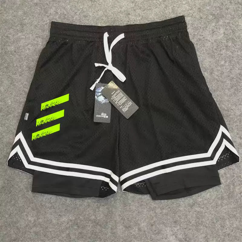 New American style trendy high street basketball three bar printed men's fake two piece shorts loose training sports pants summer