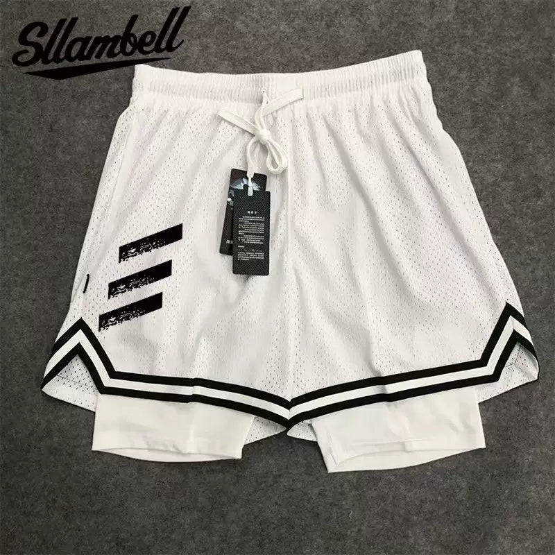 New American style trendy high street basketball three bar printed men's fake two piece shorts loose training sports pants summer