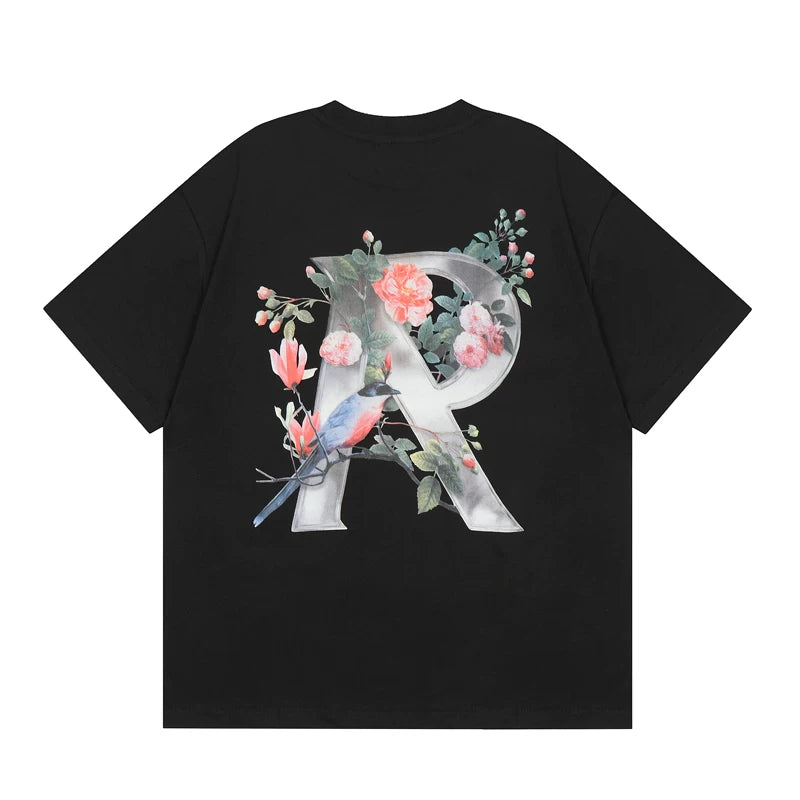 Representative floral R letter short sleeved American high street casual summer cotton loose fitting couple T-shirt trend