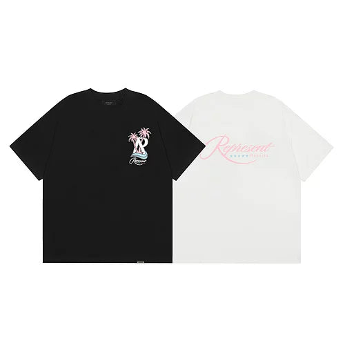 Representative Summer Vacation Coconut Tree Letter Short Sleeve American Trendy Brand High Street Summer Cotton Loose Men's T-shirt