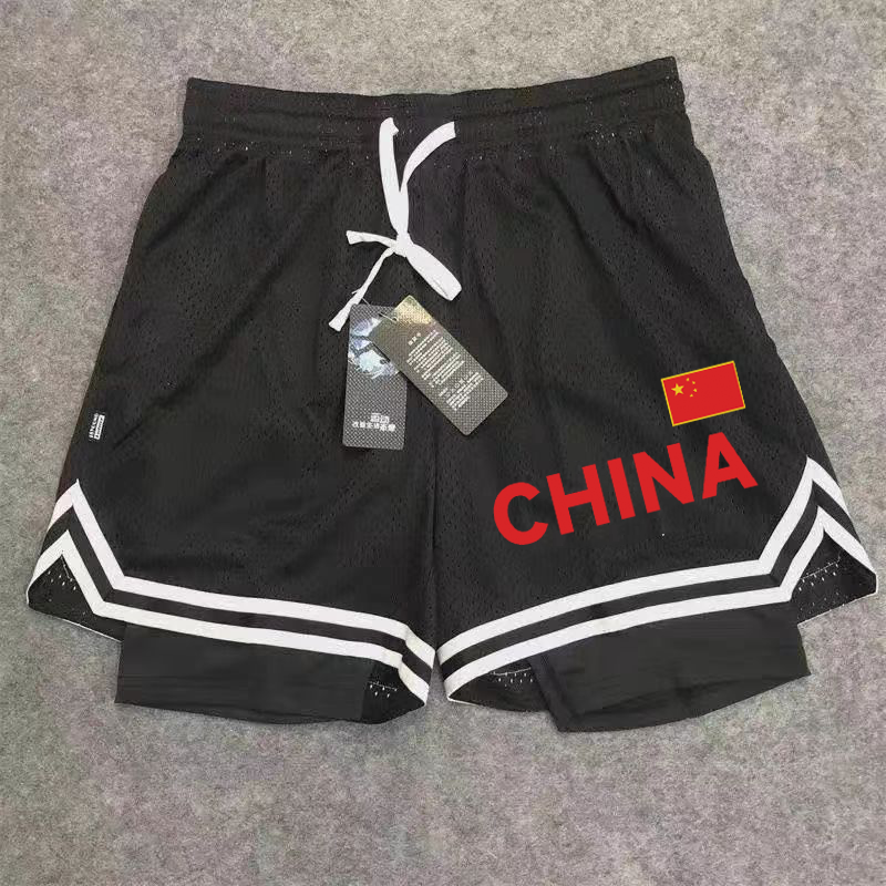 Chinese national team quick drying sports shorts, two pieces of basketball, five point lining, training compression pants, loose running, summer