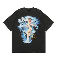 Representative Portrait Angel Girl Surfing Water Washed Vintage Short Sleeve American Trendy Brand Summer Loose Men's and Women's T-shirts