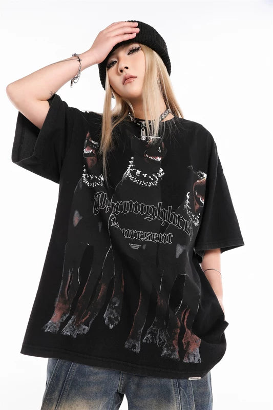 REPRESENT: A niche fashion brand, Vintage Doberman, shark distressed washed T-shirt, fog high street men's and women's short sleeved shirt