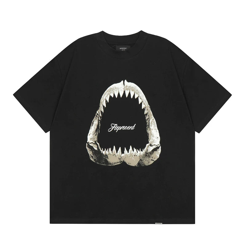Representative shark tooth printed short sleeved American high street casual summer cotton loose fitting couple T-shirt trend