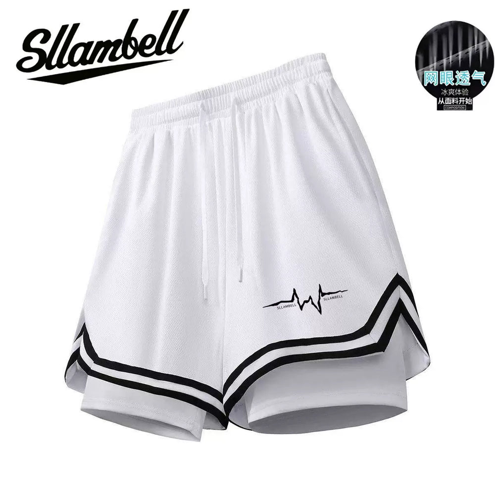 American basketball shorts lined fake two-piece three-point ice silk quick-drying knee-length running fitness training sports men summer