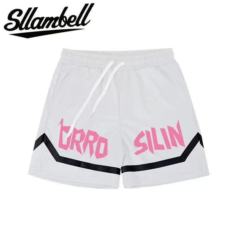 SLLAMBELL American style new trendy high street basketball letter printed men's off-season shorts loose sports pants